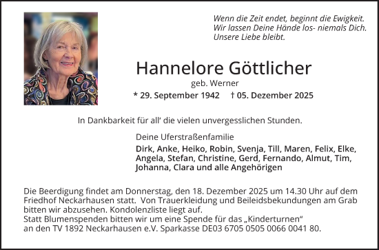 Traueranzeige von Hannelore Göttlicher von Mannheimer Morgen