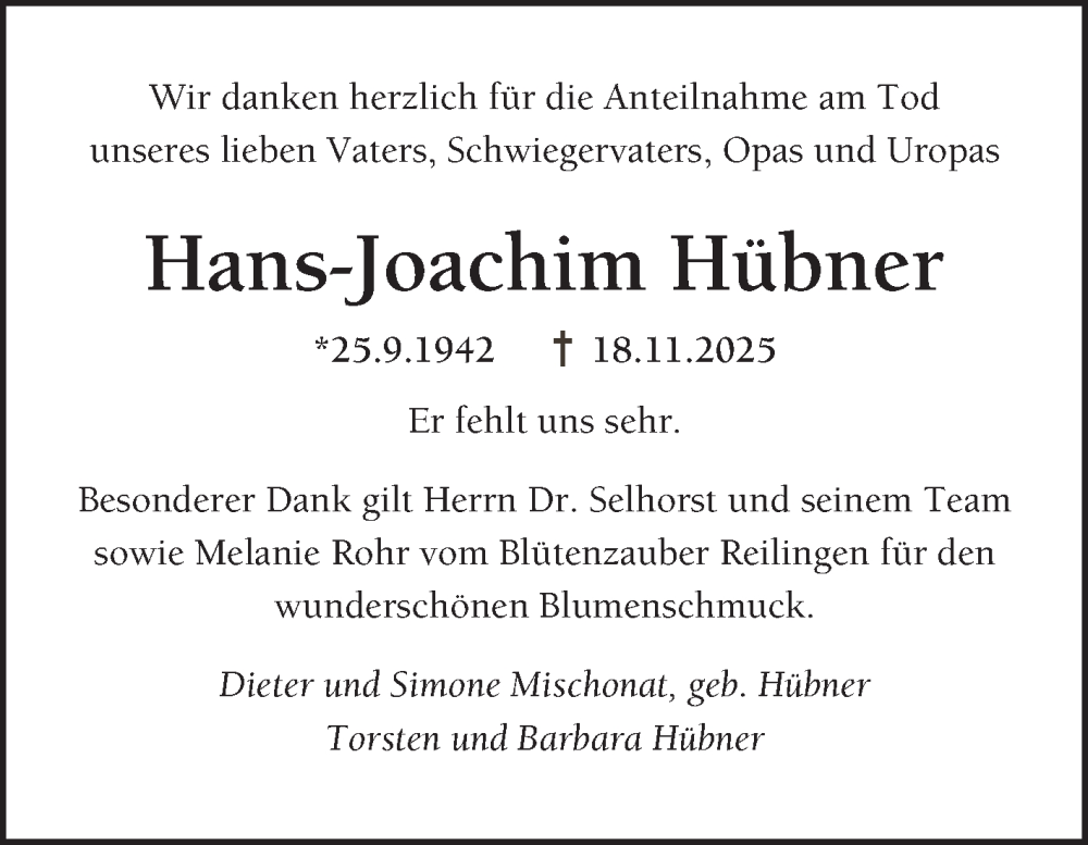  Traueranzeige für Hans-Joachim Hübner vom 20.12.2025 aus Schwetzinger Zeitung