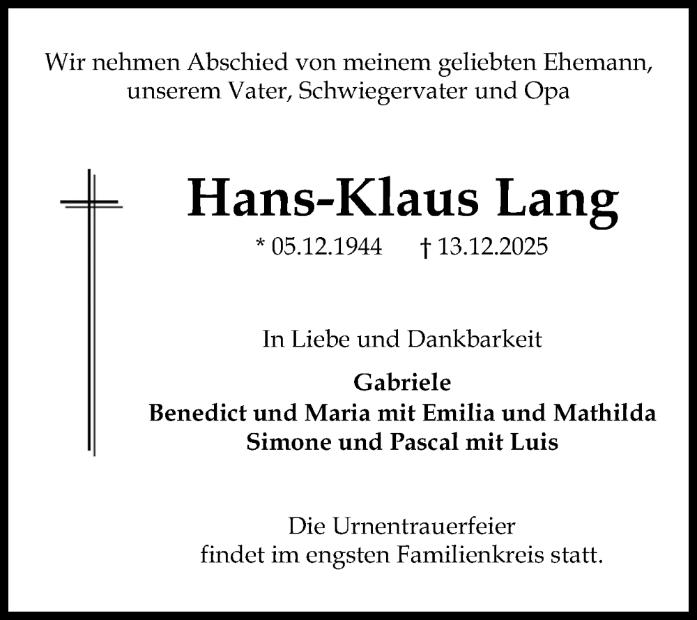  Traueranzeige für Hans-Klaus Lang vom 20.12.2025 aus Mannheimer Morgen