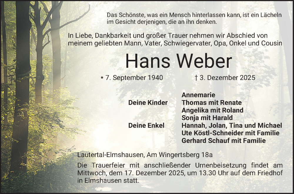  Traueranzeige für Hans Weber vom 13.12.2025 aus Bergsträßer Anzeiger