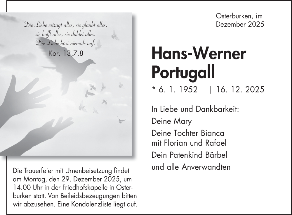  Traueranzeige für Hans-Werner Portugall vom 22.12.2025 aus Fränkische Nachrichten