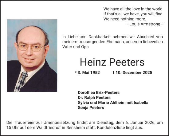 Traueranzeige von Heinz Peeters von Bergsträßer Anzeiger
