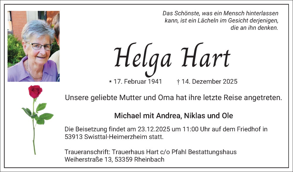  Traueranzeige für Helga Hart vom 17.12.2025 aus Fränkische Nachrichten