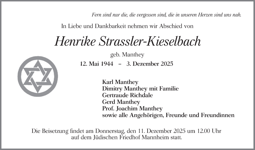  Traueranzeige für Henrike Strassler-Kieselbach vom 06.12.2025 aus Mannheimer Morgen