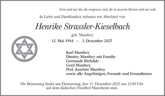 Traueranzeige von Henrike Strassler-Kieselbach von Mannheimer Morgen