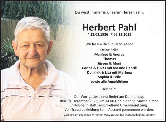 Traueranzeige von Herbert Pahl von Fränkische Nachrichten