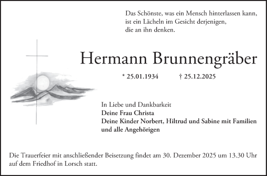 Traueranzeige von Hermann Brunnengräber von Bergsträßer Anzeiger