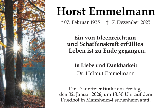 Traueranzeige von Horst Emmelmann von Mannheimer Morgen