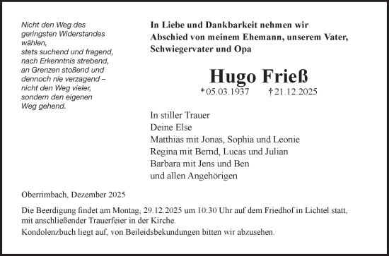 Traueranzeige von Hugo Frieß von Fränkische Nachrichten