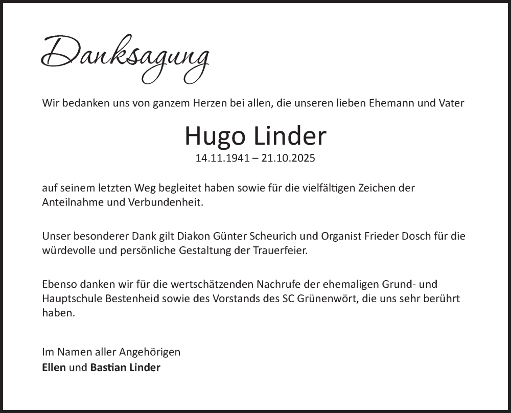  Traueranzeige für Hugo Linder vom 20.12.2025 aus Fränkische Nachrichten