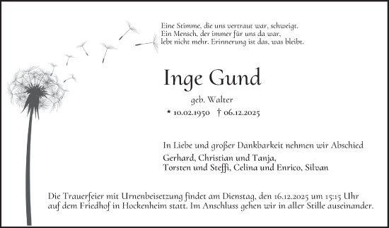 Traueranzeige von Inge Gund von Schwetzinger Zeitung