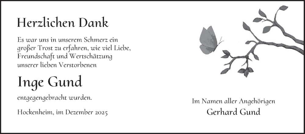  Traueranzeige für Inge Gund vom 20.12.2025 aus Schwetzinger Zeitung