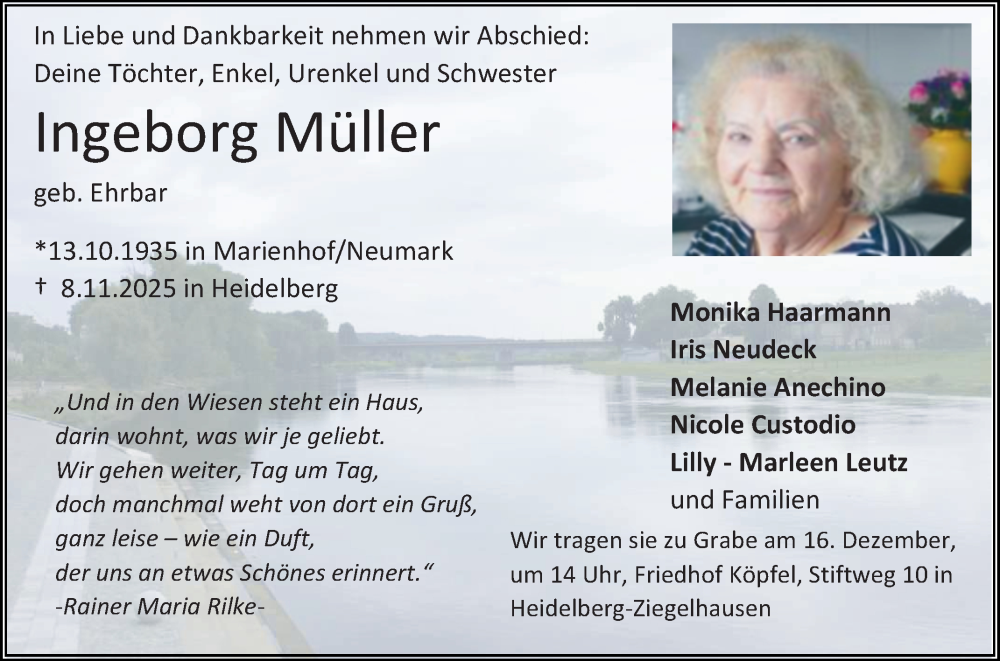  Traueranzeige für Ingeborg Müller vom 11.12.2025 aus Mannheimer Morgen