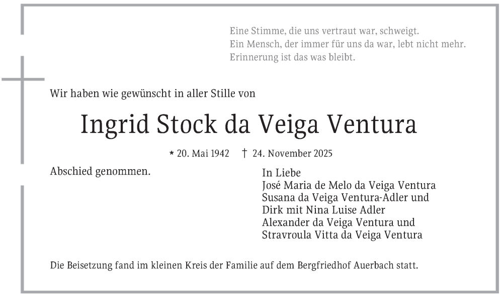  Traueranzeige für Ingrid Stock da Veiga Ventura vom 20.12.2025 aus Bergsträßer Anzeiger