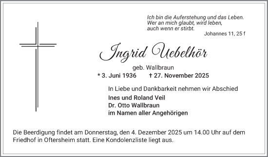 Traueranzeige von Ingrid Uebelhör von Schwetzinger Zeitung