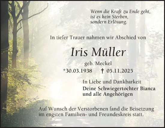 Traueranzeige von Iris Müller von Mannheimer Morgen