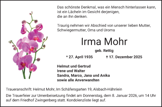 Traueranzeige von Irma Mohr von Bergsträßer Anzeiger