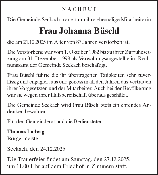 Traueranzeige von Johanna Büschl von Fränkische Nachrichten