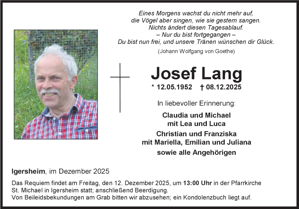  Traueranzeige für Josef Lang vom 10.12.2025 aus Fränkische Nachrichten
