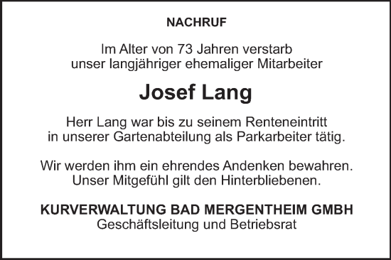 Traueranzeige von Josef Lang von Fränkische Nachrichten