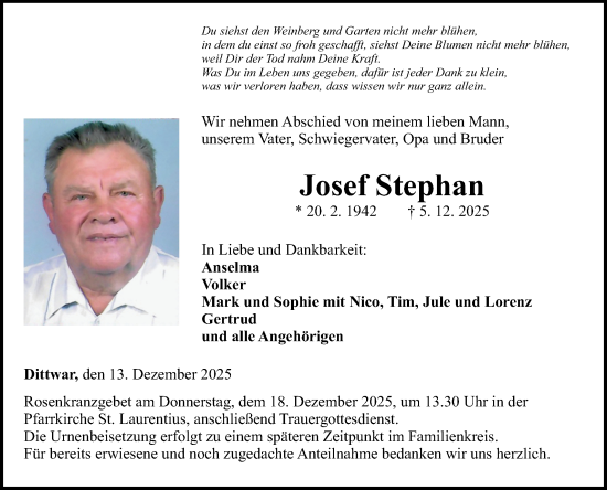 Traueranzeige von Josef Stephan von Fränkische Nachrichten