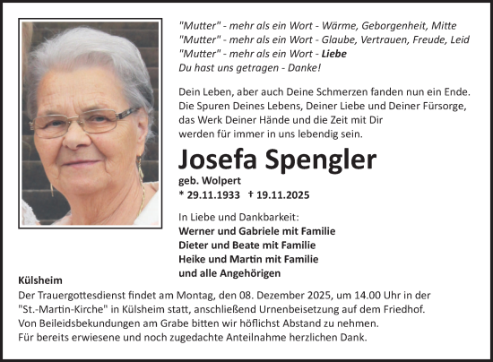 Traueranzeige von Josefa Spengler von Fränkische Nachrichten