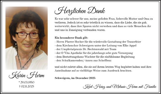 Traueranzeige von Karin Herm von Fränkische Nachrichten