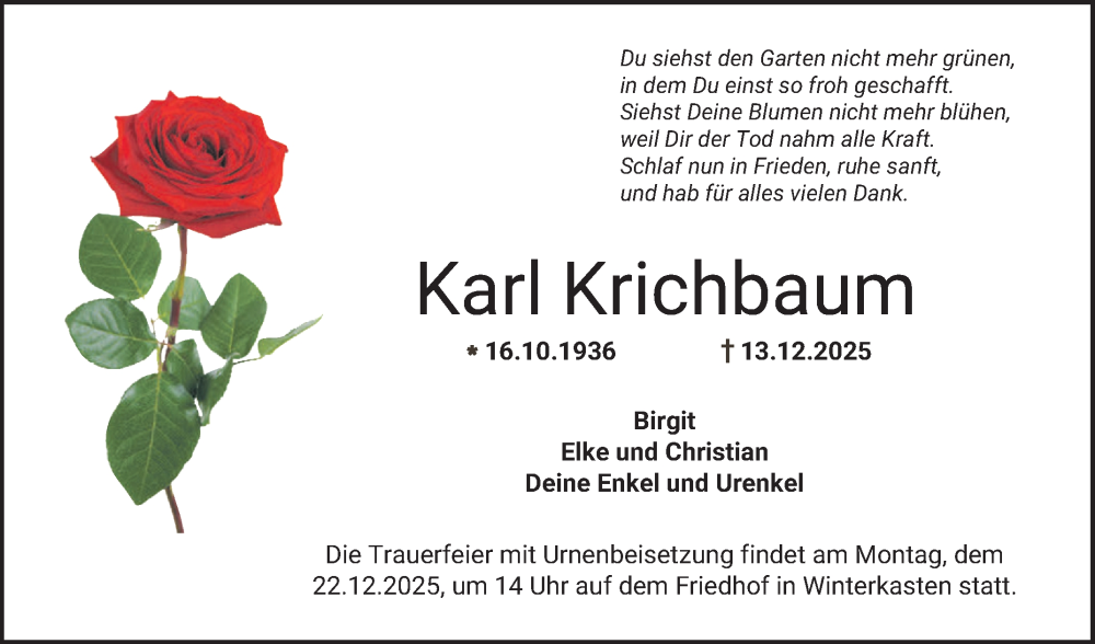  Traueranzeige für Karl Krichbaum vom 20.12.2025 aus Bergsträßer Anzeiger