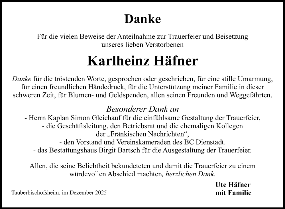  Traueranzeige für Karlheinz Häfner vom 13.12.2025 aus Fränkische Nachrichten