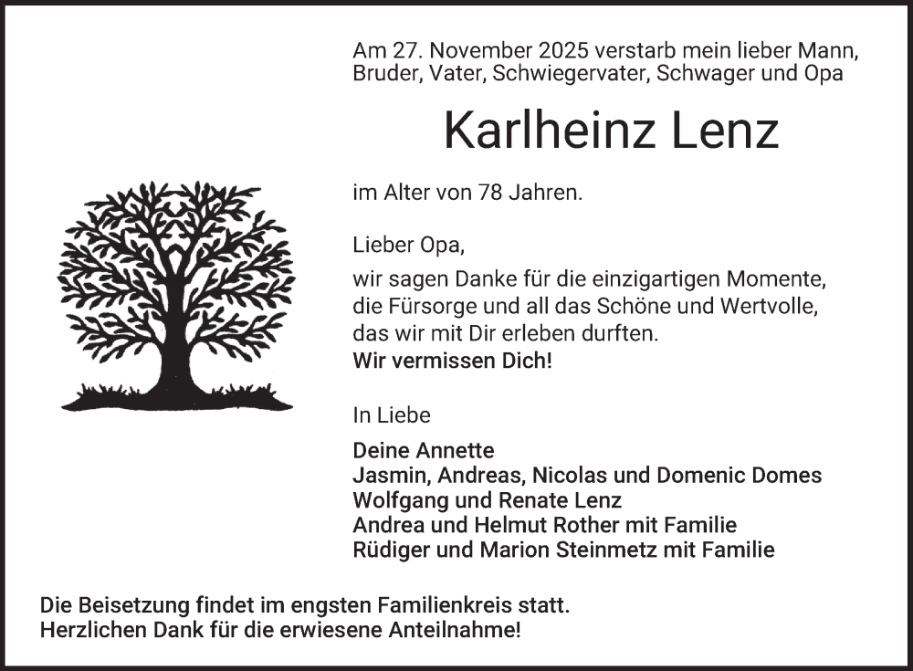  Traueranzeige für Karlheinz Lenz vom 13.12.2025 aus Mannheimer Morgen