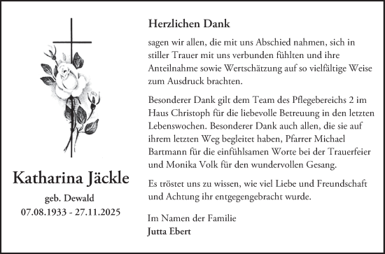 Traueranzeige von Katharina Jäckle von Bergsträßer Anzeiger