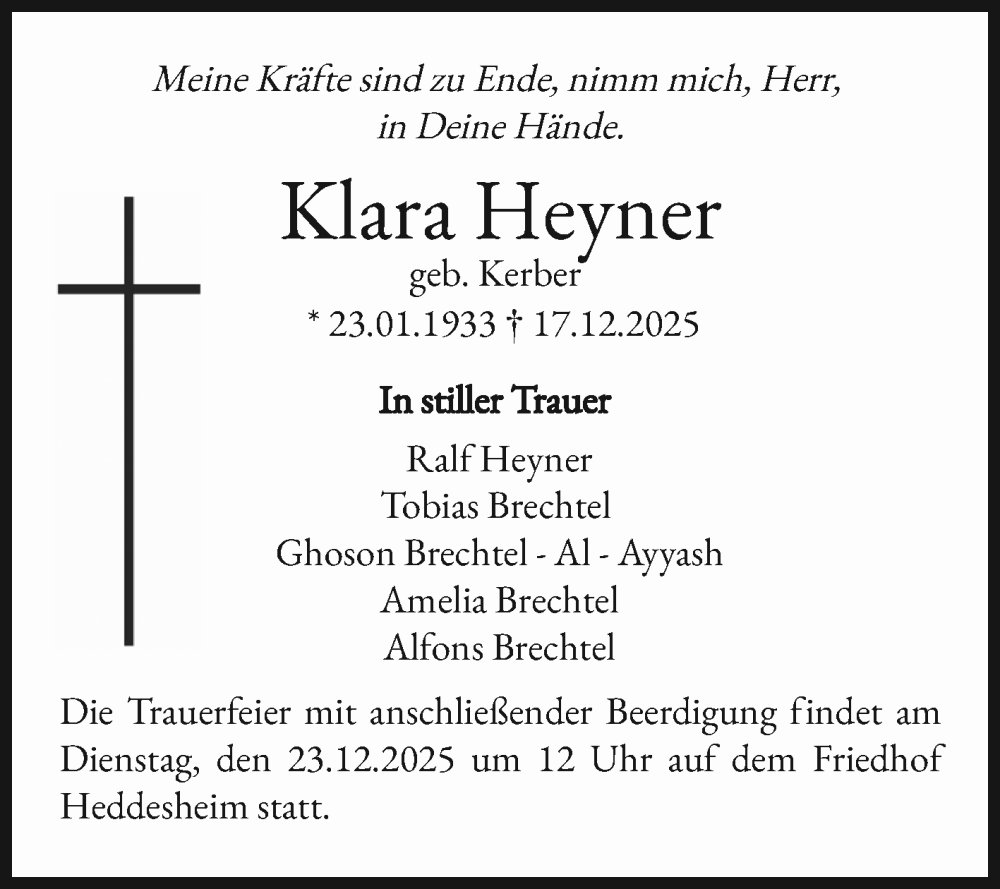  Traueranzeige für Klara Heyner vom 20.12.2025 aus Mannheimer Morgen