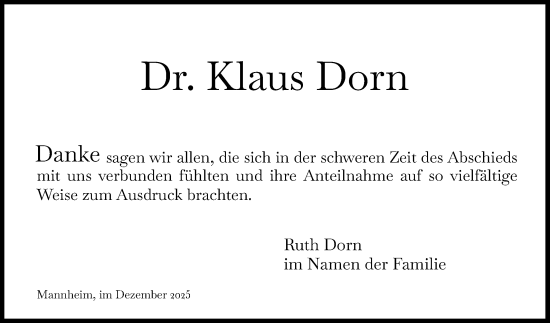 Traueranzeige von Klaus Dorn von Mannheimer Morgen