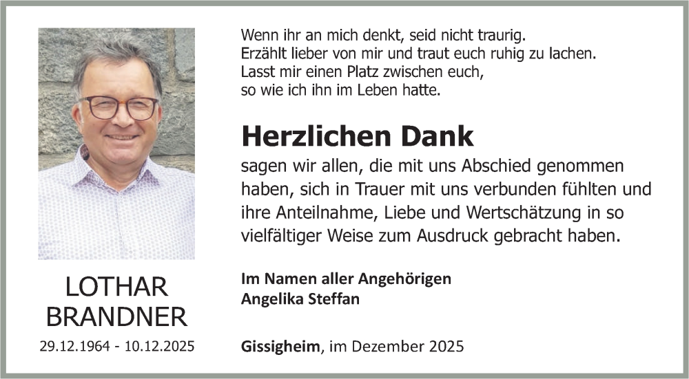  Traueranzeige für Lothar Brandner vom 27.12.2025 aus Fränkische Nachrichten