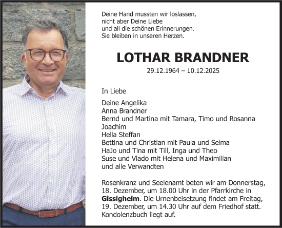 Traueranzeige von Lothar Brandner von Fränkische Nachrichten