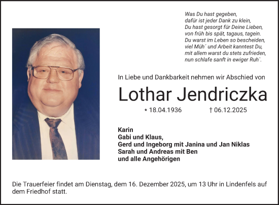 Traueranzeige von Lothar Jendriczka von Bergsträßer Anzeiger