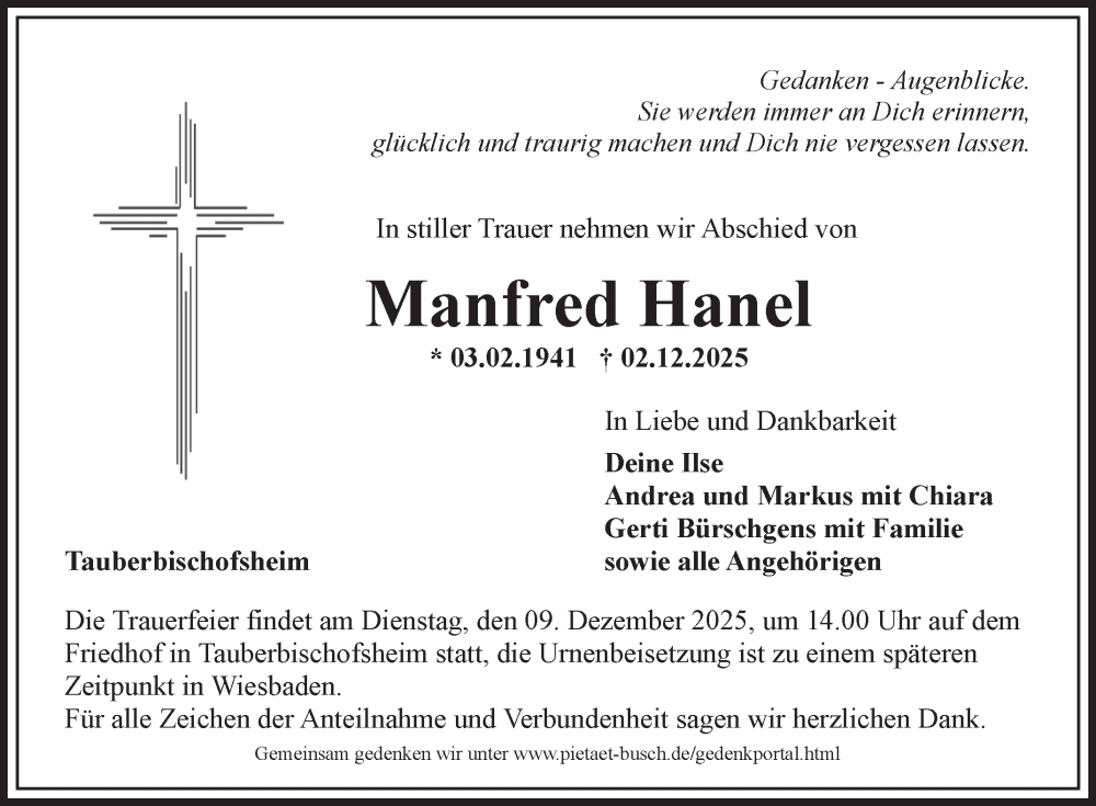  Traueranzeige für Manfred Hanel vom 06.12.2025 aus Fränkische Nachrichten