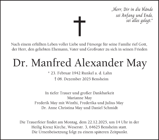 Traueranzeige von Manfred Alexander May von Bergsträßer Anzeiger