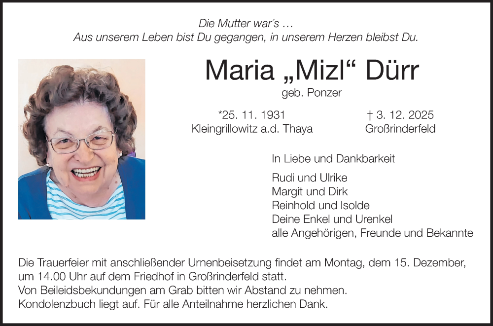  Traueranzeige für Maria Dürr vom 13.12.2025 aus Fränkische Nachrichten