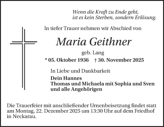 Traueranzeige von Maria Geithner von Mannheimer Morgen