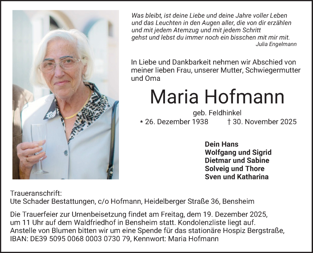  Traueranzeige für Maria Hofmann vom 13.12.2025 aus Bergsträßer Anzeiger
