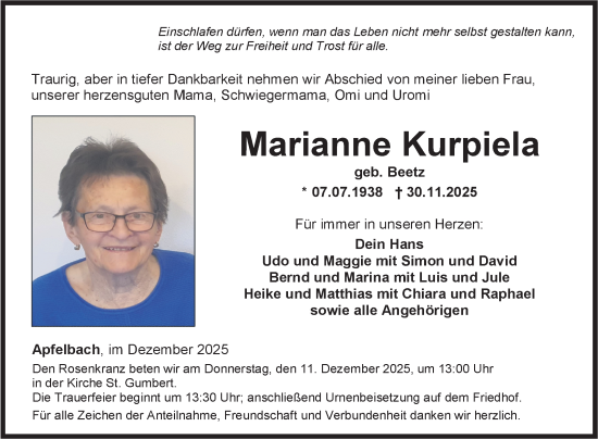 Traueranzeige von Marianne Kurpiela von Fränkische Nachrichten