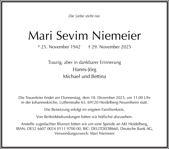 Traueranzeige von Mari Sevim Niemeier von Mannheimer Morgen