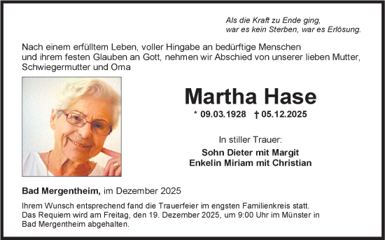 Traueranzeige von Martha Hase von Fränkische Nachrichten