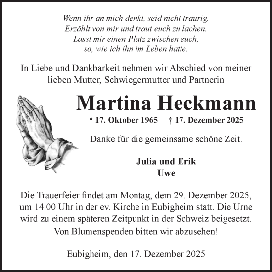 Traueranzeige von Martina Heckmann von Fränkische Nachrichten