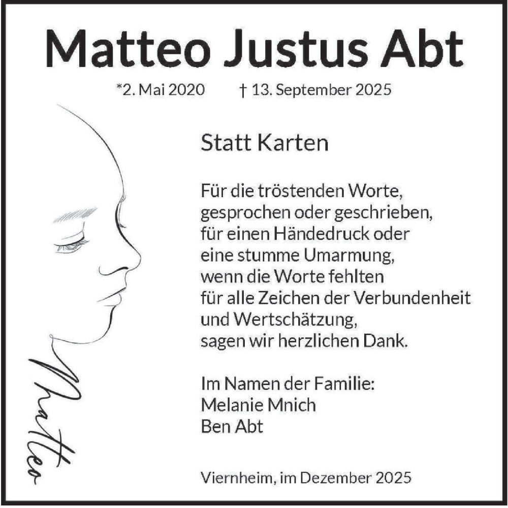  Traueranzeige für Matteo Justus Abt vom 13.12.2025 aus Mannheimer Morgen