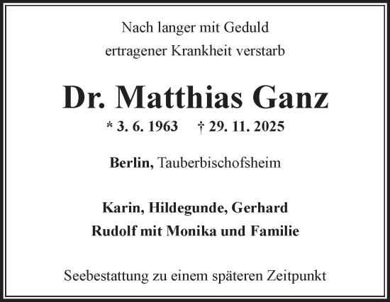 Traueranzeige von Matthias Ganz von Fränkische Nachrichten