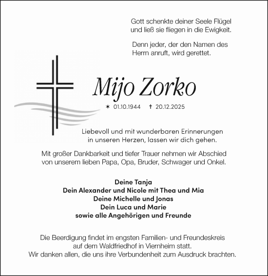Traueranzeige von Mijo Zorko von Mannheimer Morgen