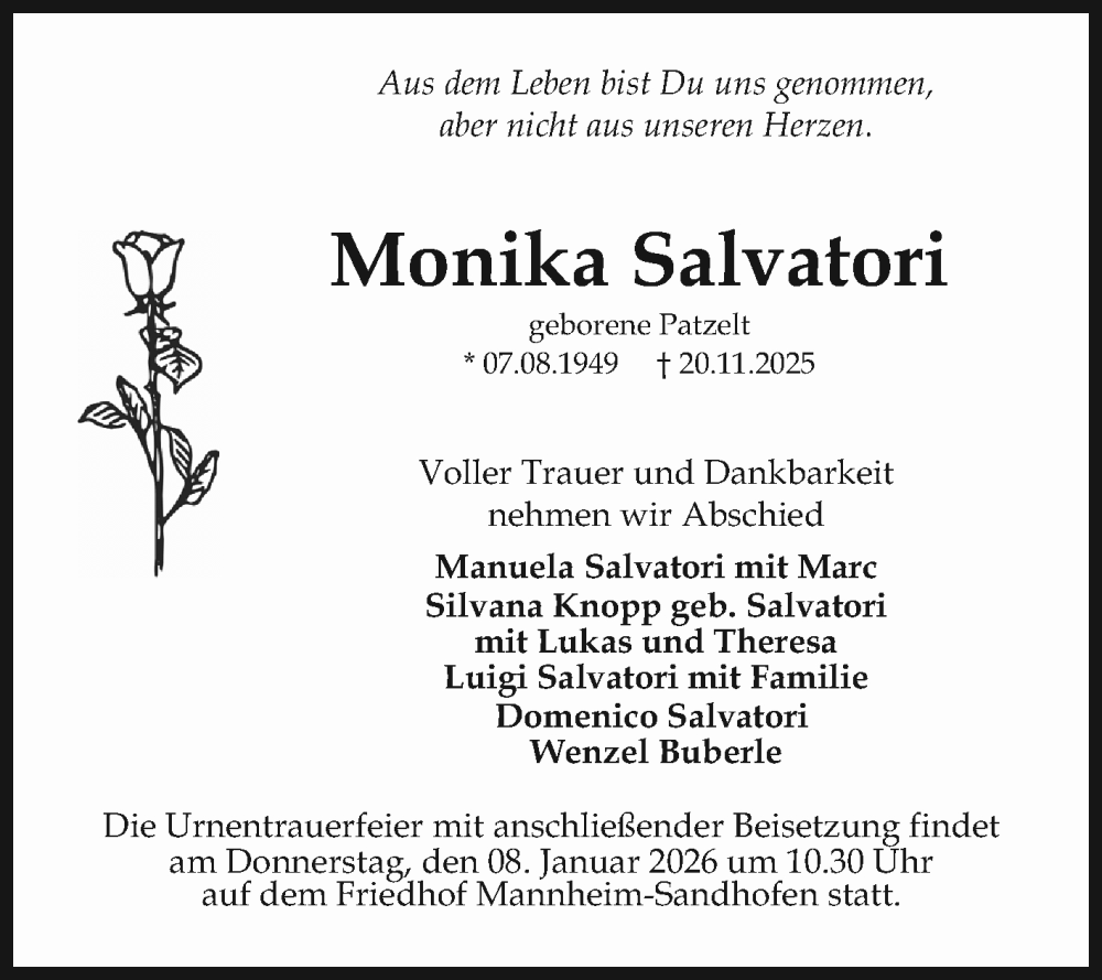  Traueranzeige für Monika Salvatori vom 06.12.2025 aus Mannheimer Morgen