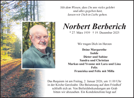 Traueranzeige von Norbert Berberich von Fränkische Nachrichten